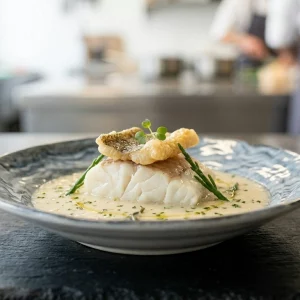 Presentación artística de porrusalda melosa de bacalao con torrezno marino crujiente, demostrando la reinterpretación de la tradición española mediante cocina de autor profesional.